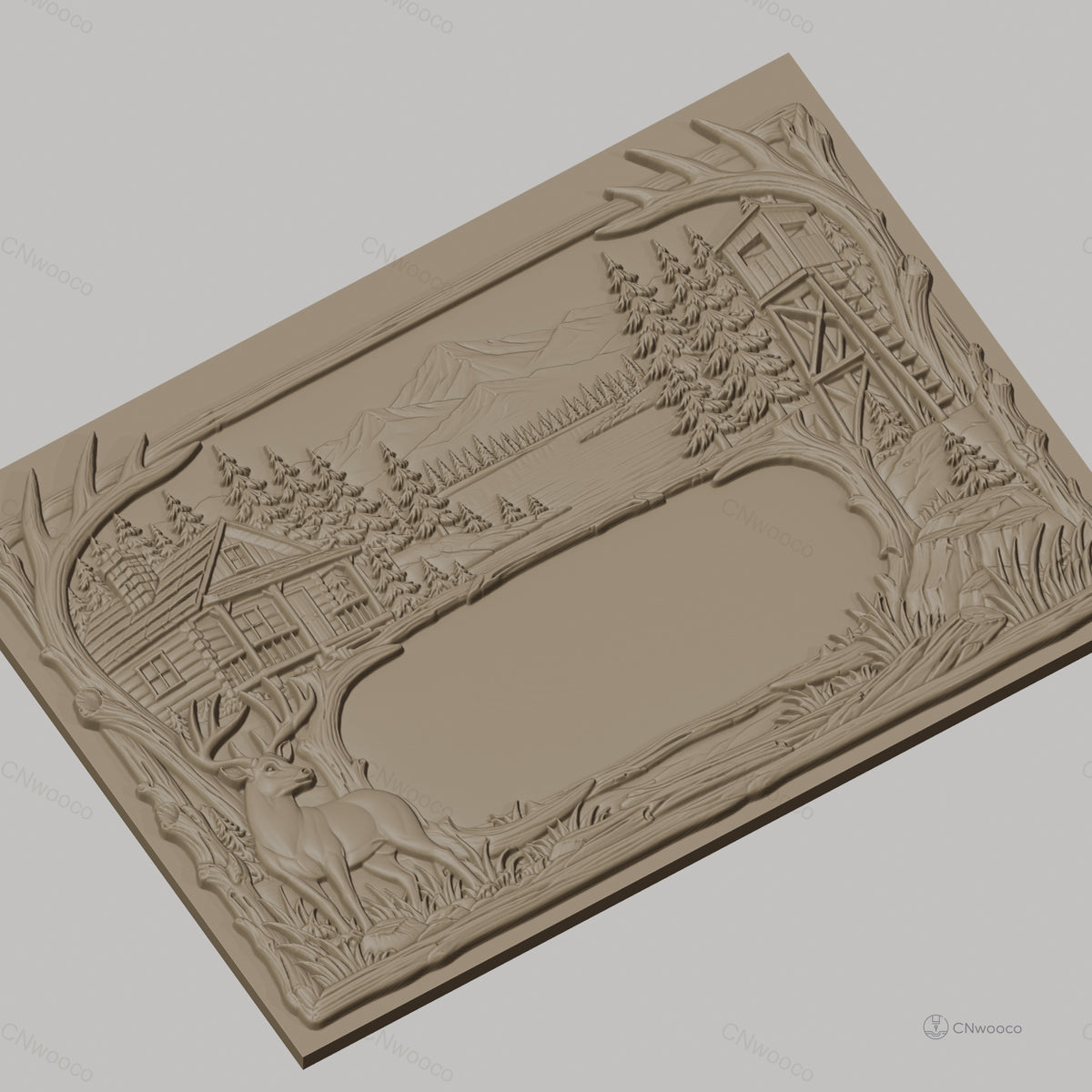 Fichier CNC & impression 3D paysage de nature avec cerf, cabine en bois et tour de guet, haute qualité relief STL
