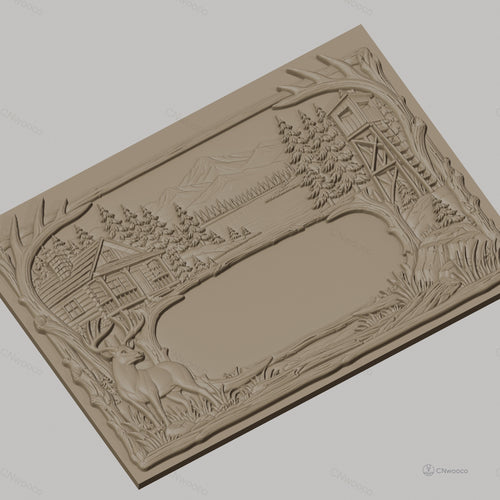 Fichier CNC & impression 3D paysage de nature avec cerf, cabine en bois et tour de guet, haute qualité relief STL