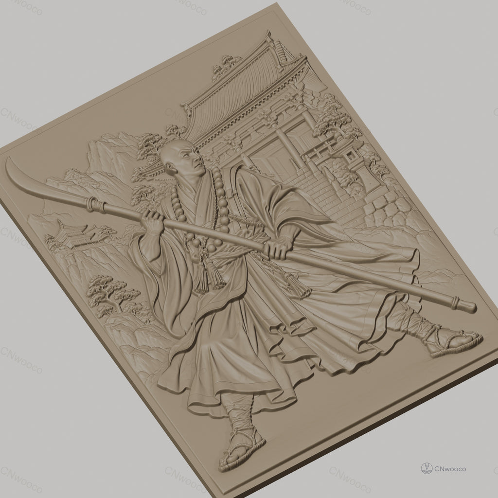 Fichier CNC & impression 3D moine guerrier chinois, bâton, temple, montagne, haute qualité relief STL