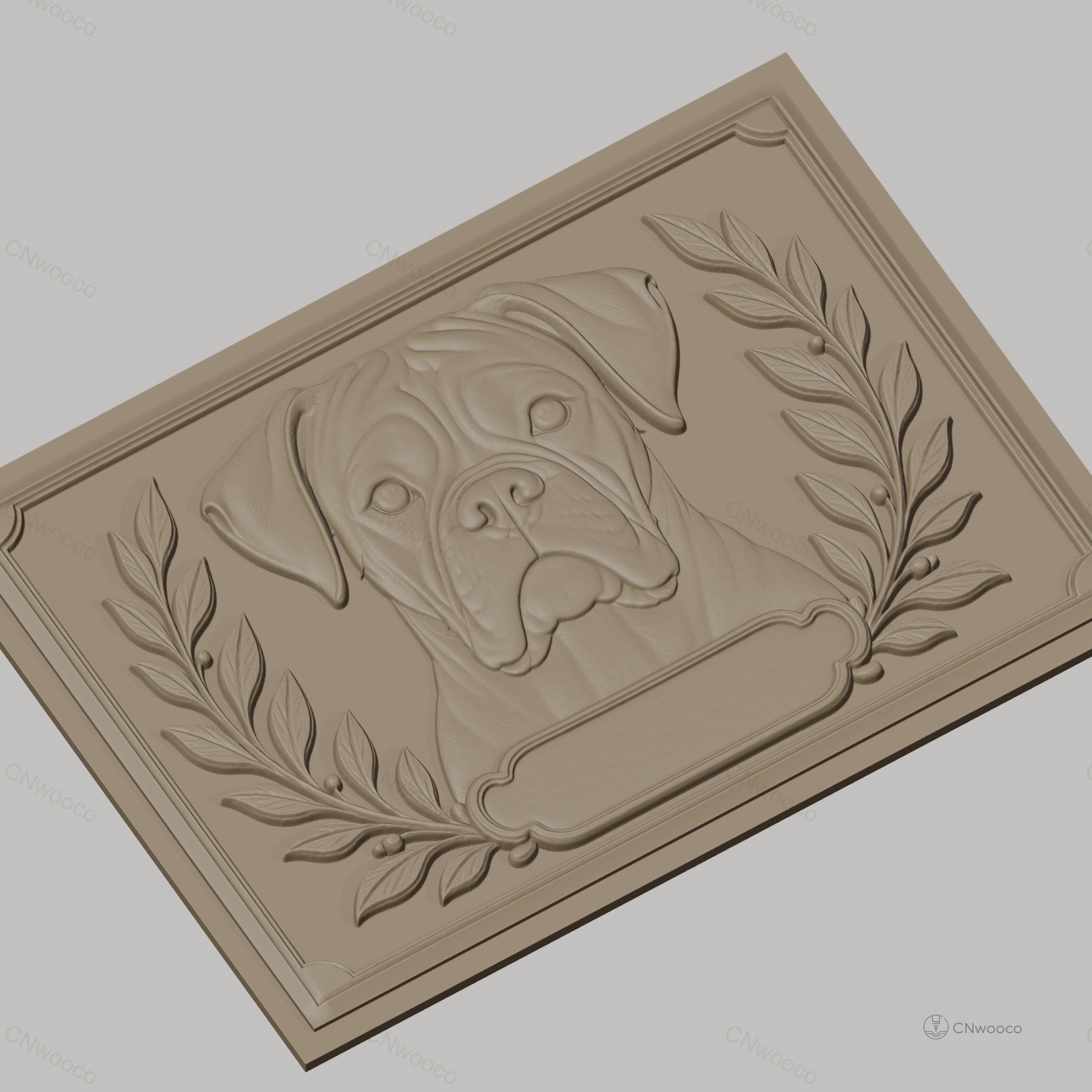 Fichier CNC & impression 3D Boxer chien, portrait avec feuilles et cadre ornemental, haute qualité relief STL