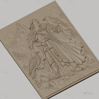Fichier CNC & impression 3D guerrier viking avec épée et corbeaux, château médiéval et montagnes, haute qualité relief STL