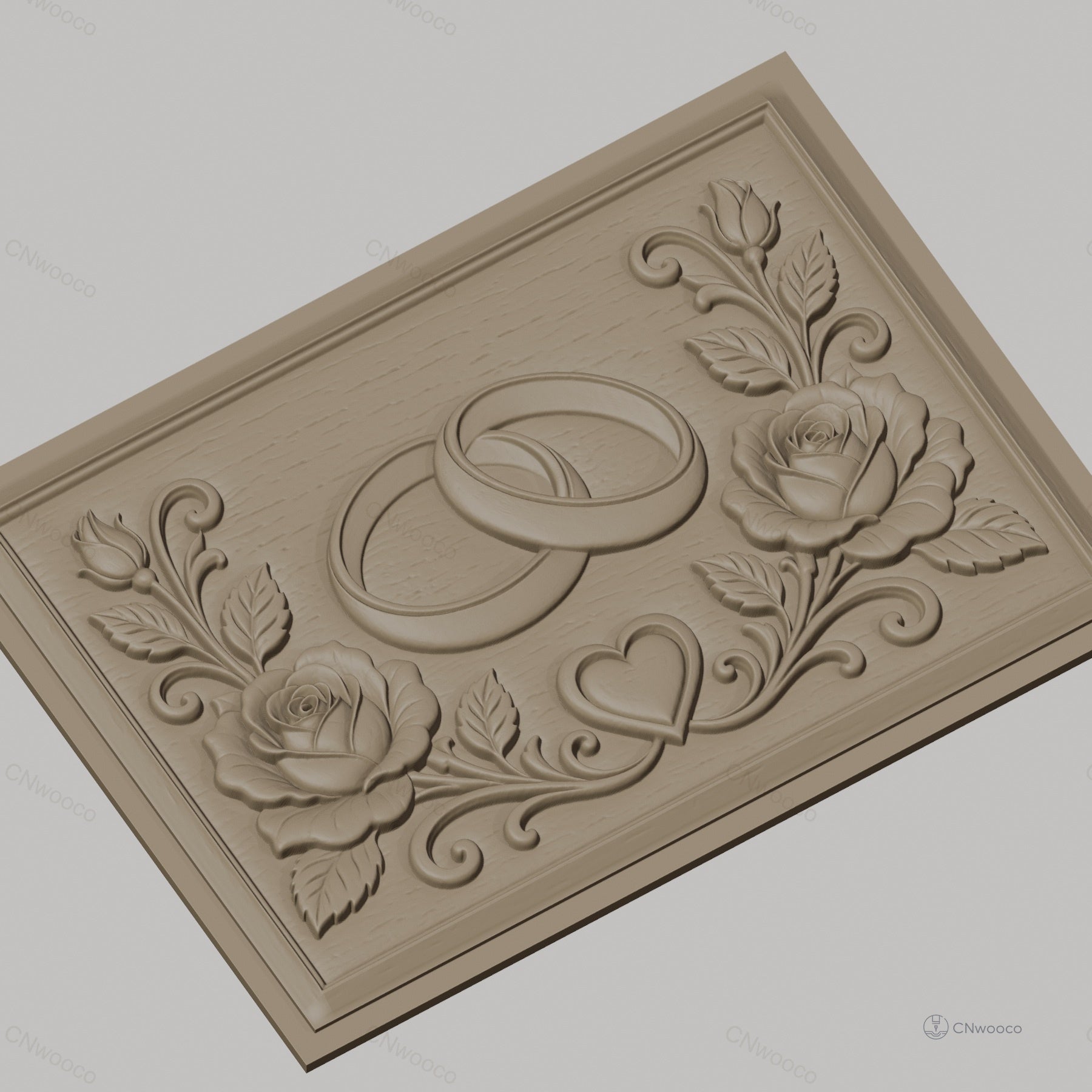 Fichier CNC & impression 3D thème mariage, bagues entrelacées, roses et cœur, haute qualité relief STL