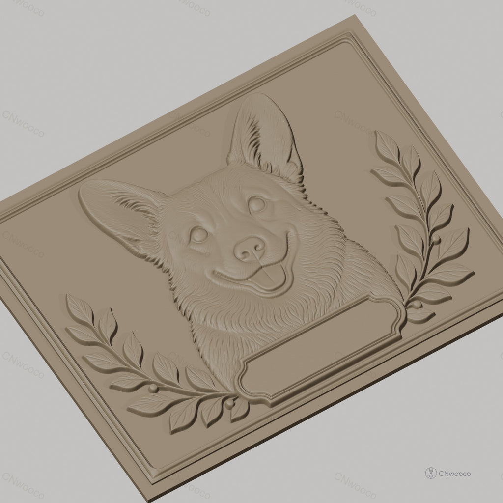 Fichier CNC & impression 3D chien Corgi visage, feuilles décoratives, haute qualité relief STL