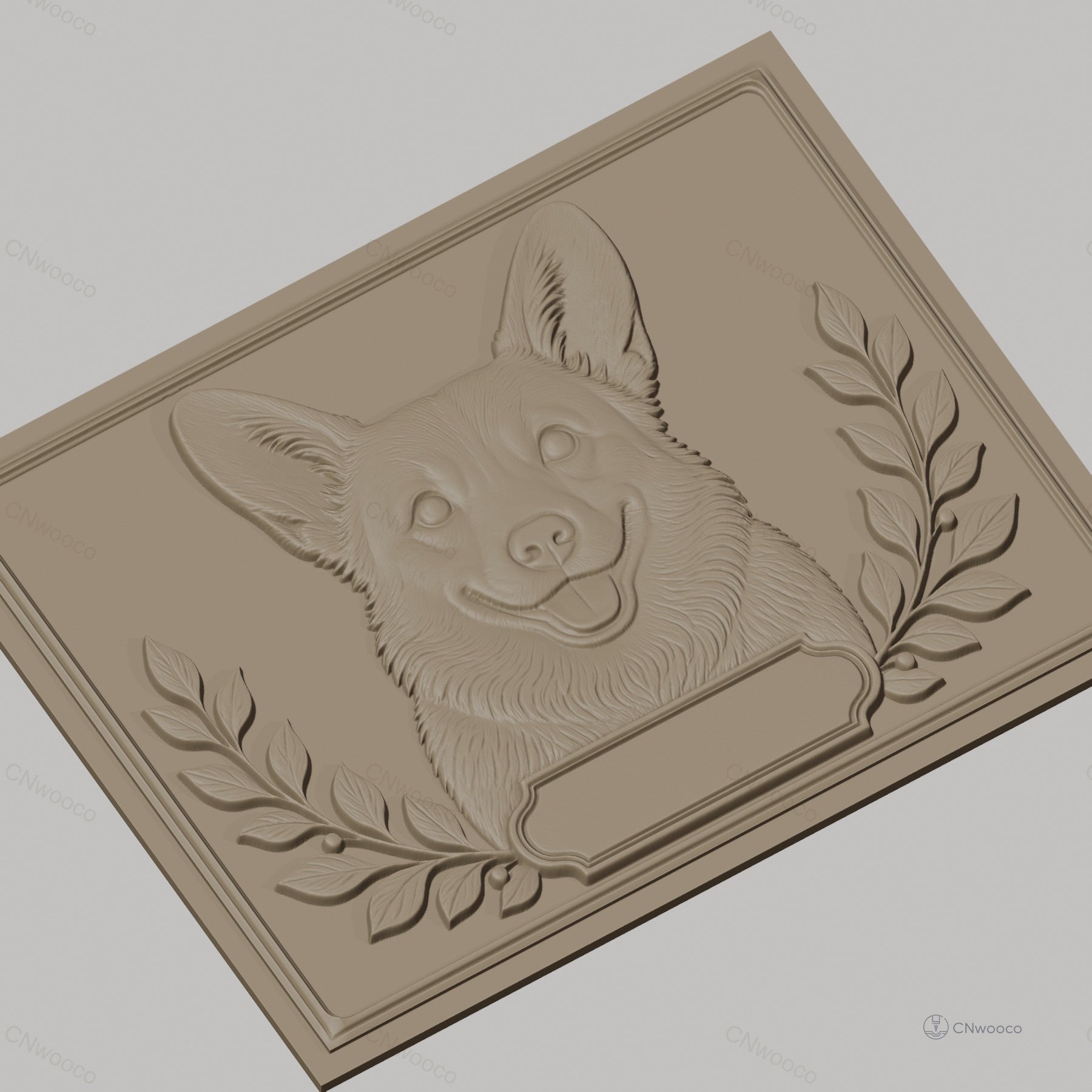 Fichier CNC & impression 3D chien Corgi visage, feuilles décoratives, haute qualité relief STL