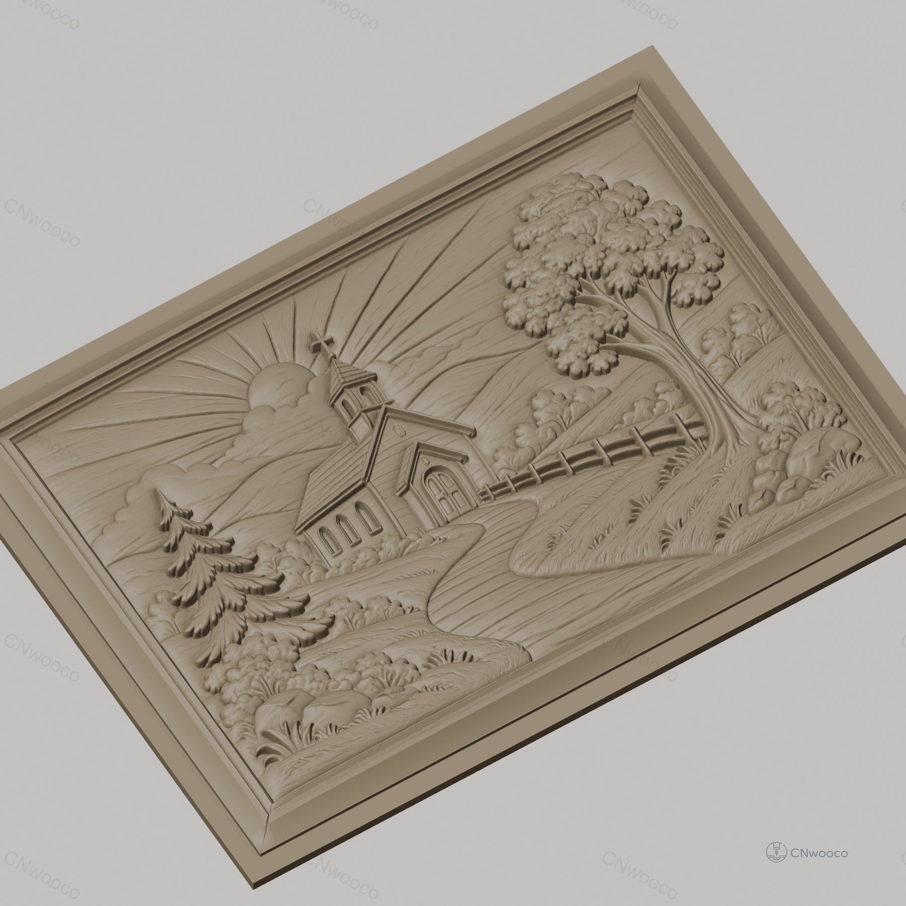 Fichier CNC & impression 3D église de campagne, paysage religieux avec soleil et arbres, haute qualité relief STL