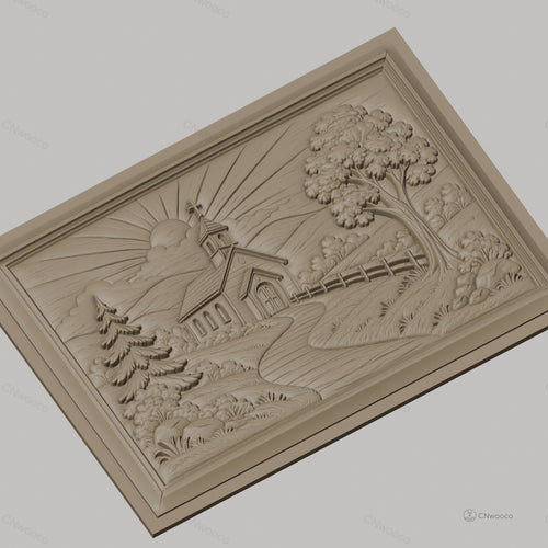 Fichier CNC & impression 3D église de campagne, paysage religieux avec soleil et arbres, haute qualité relief STL