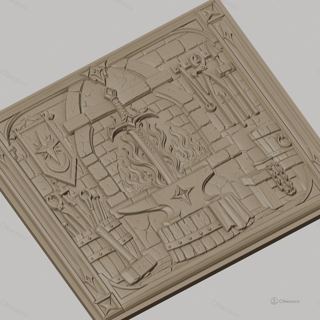 Fichier CNC & impression 3D atelier de forgeron, épée, enclume, feu et outils, haute qualité relief STL