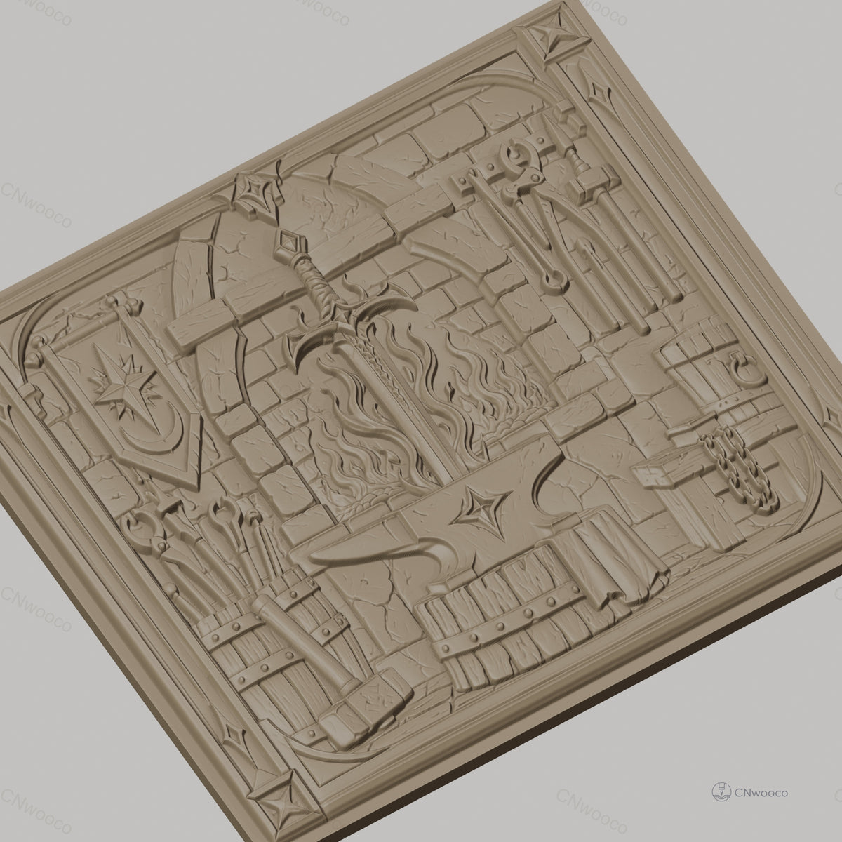 Fichier CNC & impression 3D atelier de forgeron, épée, enclume, feu et outils, haute qualité relief STL