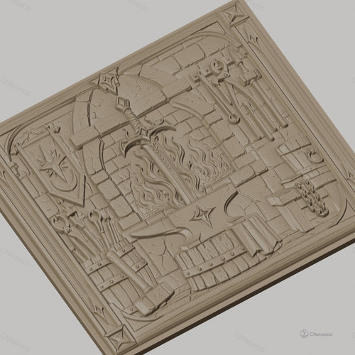 Fichier CNC & impression 3D atelier de forgeron, épée, enclume, feu et outils, haute qualité relief STL