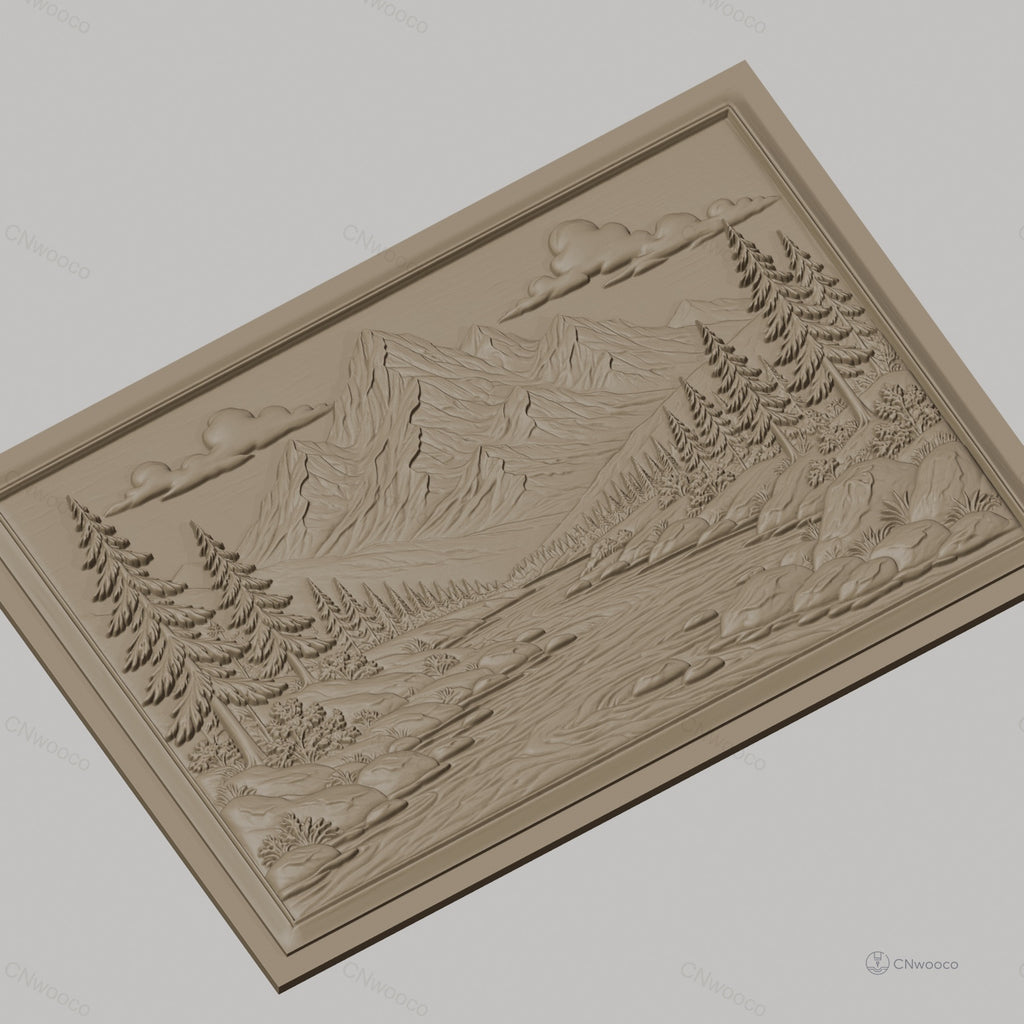 Fichier CNC & impression 3D paysage montagne rivière sapins haute qualité relief STL