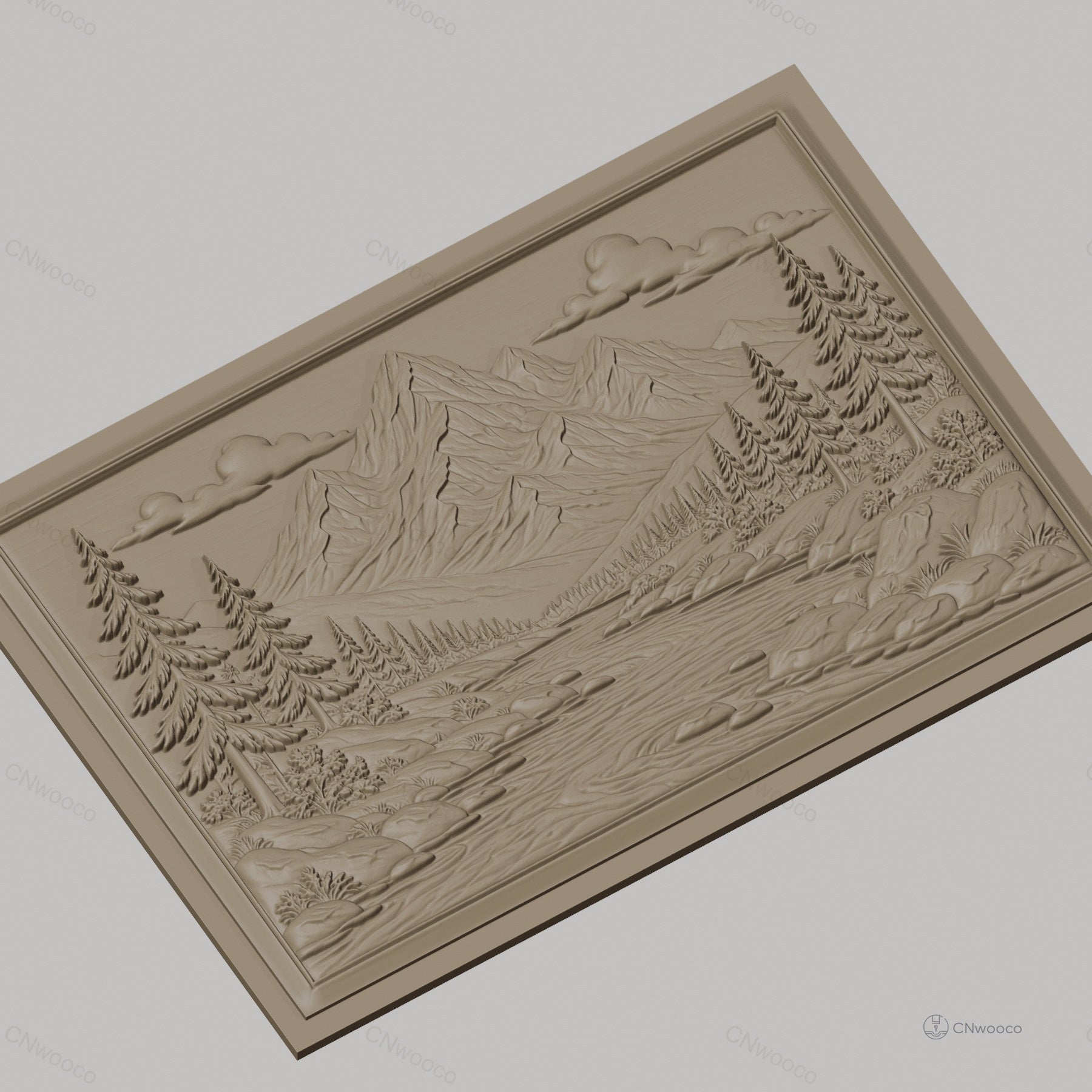 Fichier CNC & impression 3D paysage montagne rivière sapins haute qualité relief STL