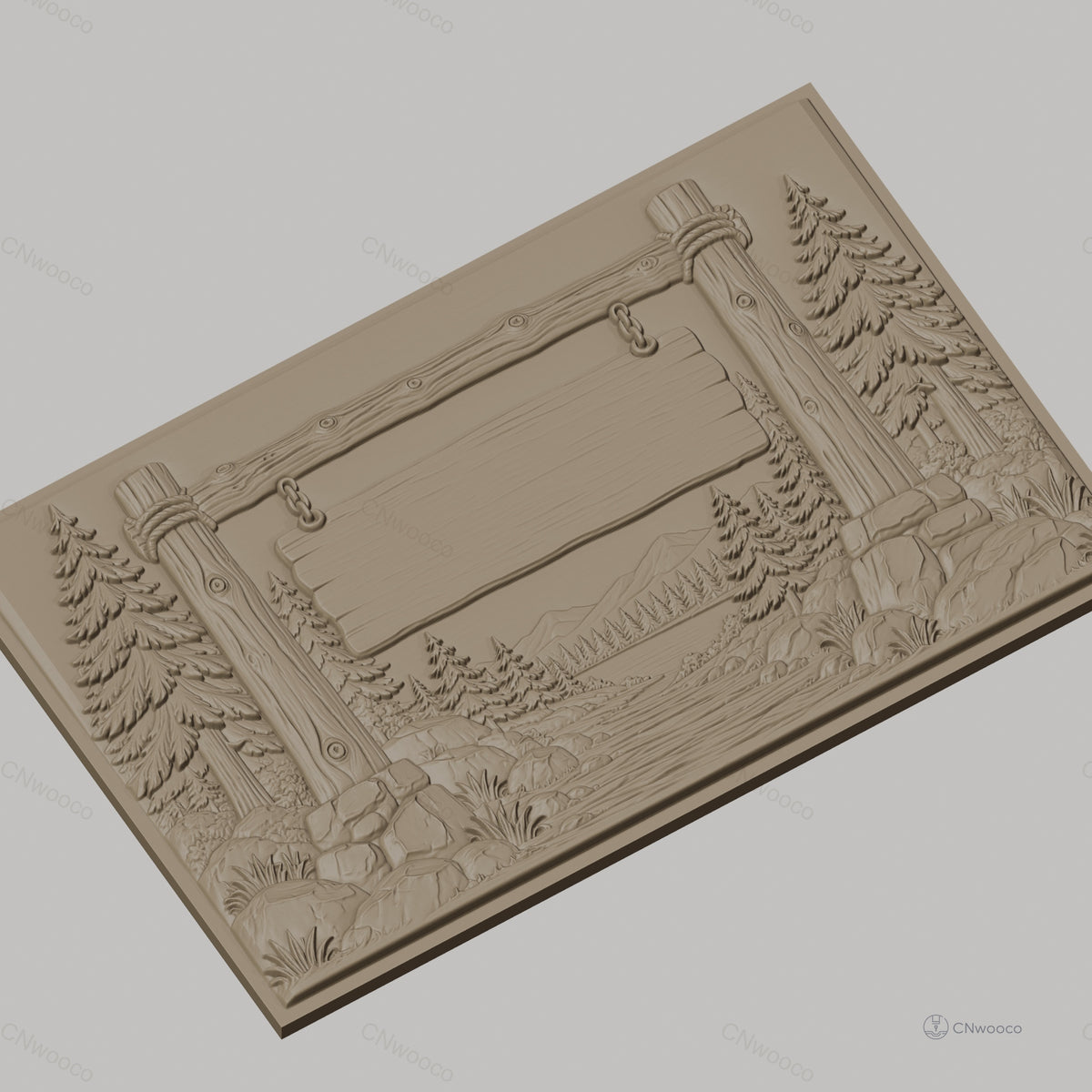 Fichier CNC & impression 3D panneau bois, paysage forêt, montagne et rivière, haute qualité relief STL