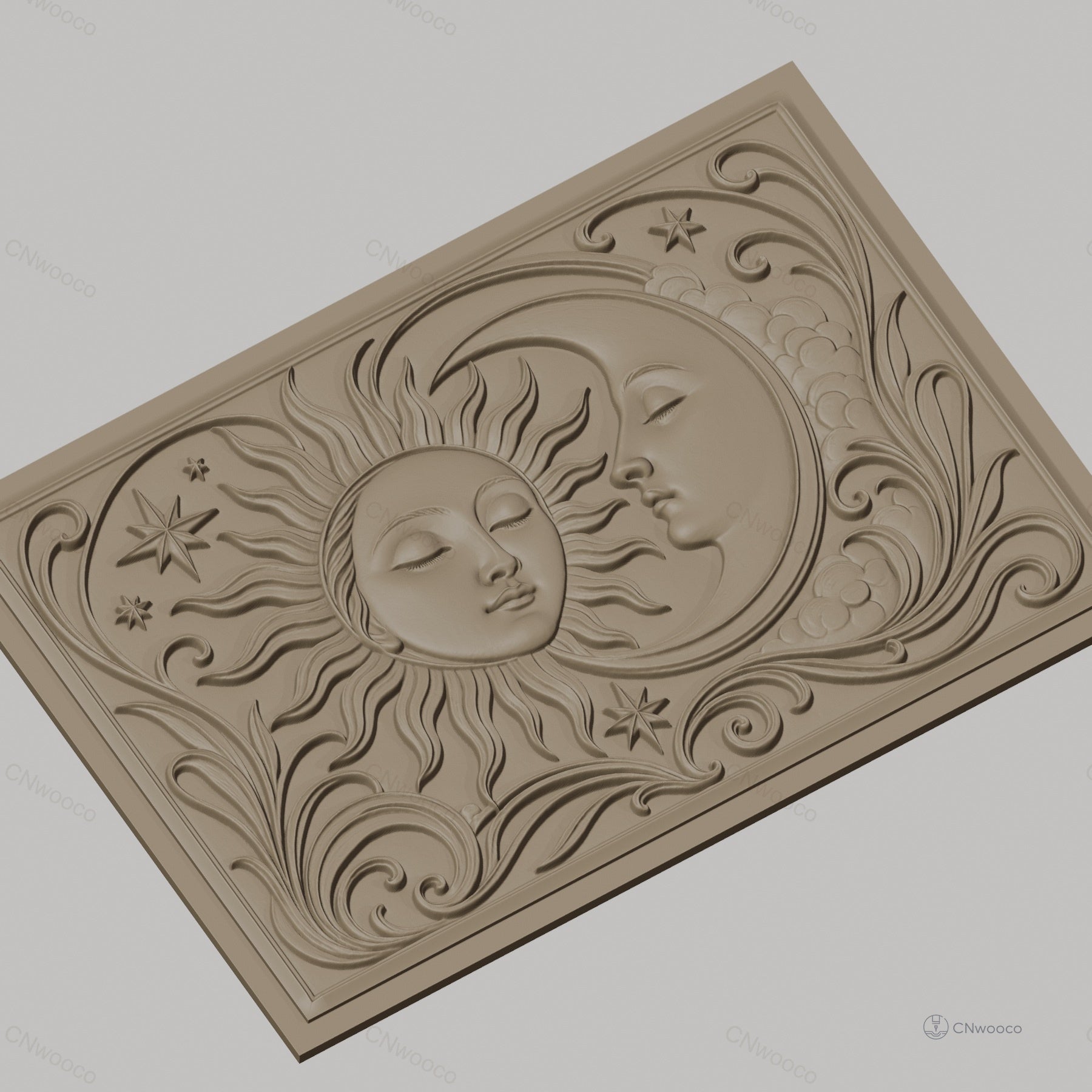 Fichier CNC & impression 3D Soleil et Lune avec étoiles et volutes, haute qualité relief STL