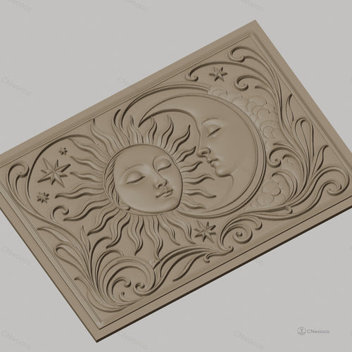 Fichier CNC & impression 3D Soleil et Lune avec étoiles et volutes, haute qualité relief STL