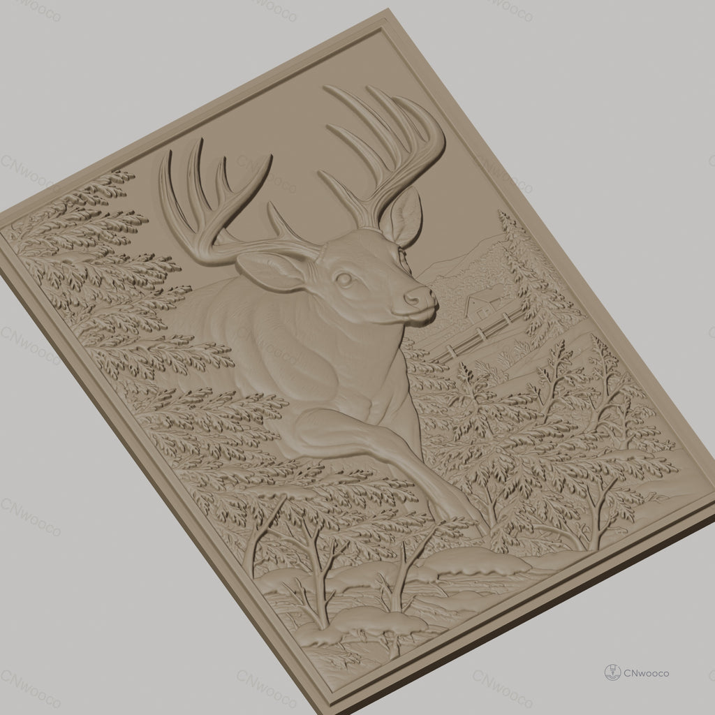 Fichier CNC & impression 3D cerf majestueux avec paysage naturel, forêt et montagne relief, haute qualité relief STL