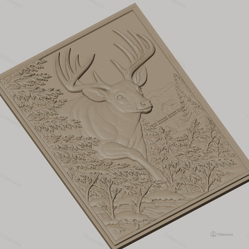 Fichier CNC & impression 3D cerf majestueux avec paysage naturel, forêt et montagne relief, haute qualité relief STL