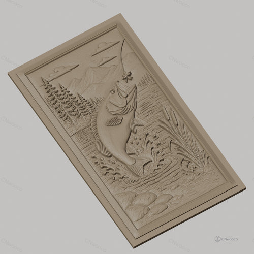 Fichier CNC & impression 3D poisson sautant, paysage nature, montagnes, arbres et eau, haute qualité relief STL