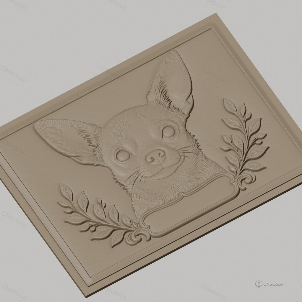 Fichier CNC & impression 3D chihuahua, relief portrait chien et décor feuillage, haute qualité relief STL