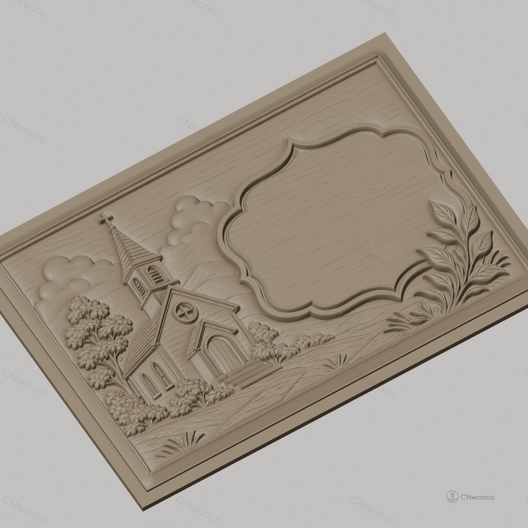 Fichier CNC & impression 3D église rurale, arbres et cadre décoratif, haute qualité relief STL