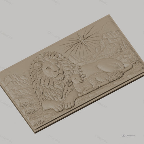 Fichier CNC & impression 3D Lion et agneau, paysage montagneux avec étoile, haute qualité relief STL