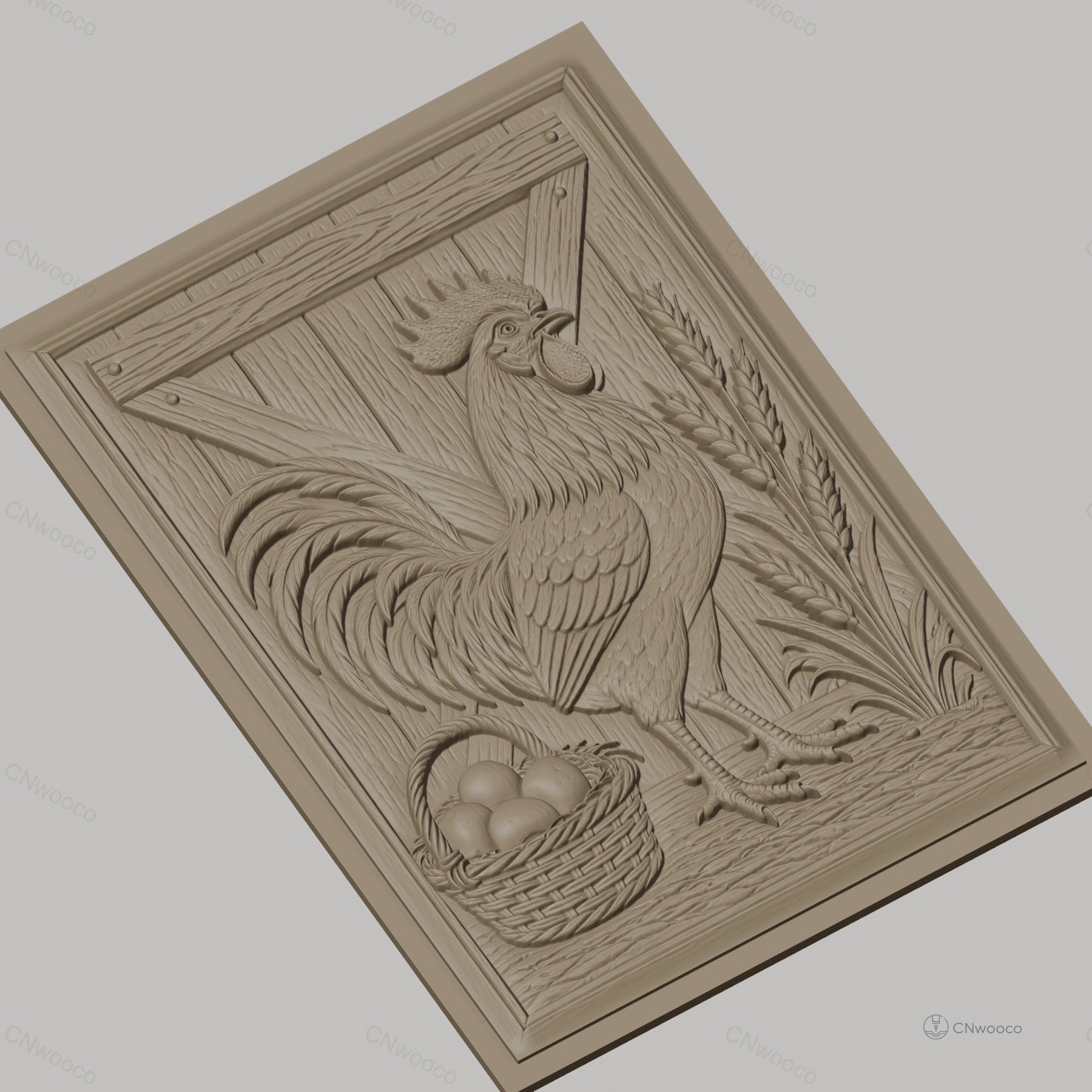 Fichier CNC & impression 3D coq, panier d'œufs et épis de blé, haute qualité relief STL