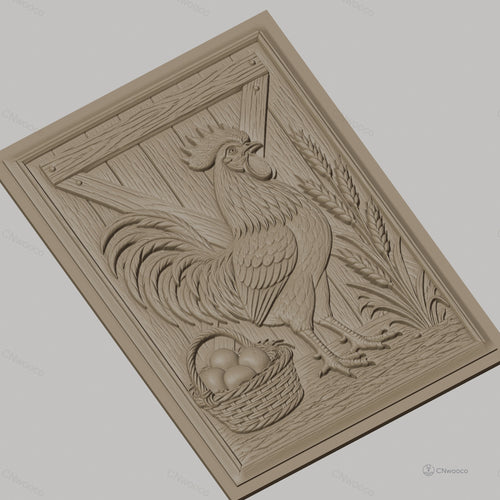Fichier CNC & impression 3D coq, panier d'œufs et épis de blé, haute qualité relief STL