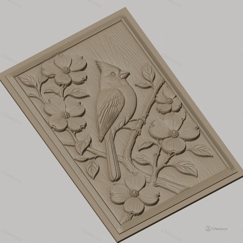 Fichier CNC & impression 3D oiseau cardinal sur branche fleurie, détails nature haute qualité relief STL