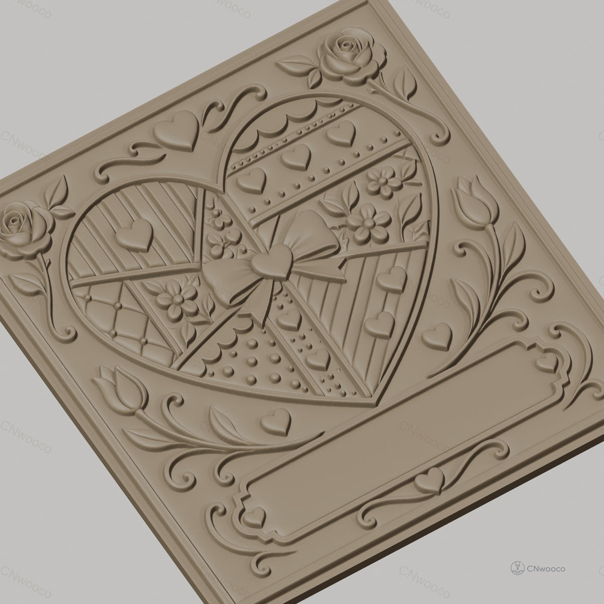 Fichier CNC & impression 3D cœur patchwork avec roses et nœud, haute qualité relief STL
