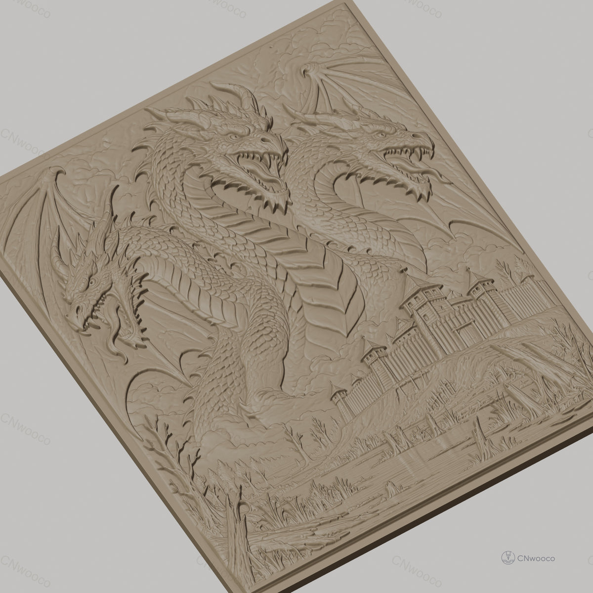 Fichier CNC & impression 3D dragon à trois têtes, château médiéval et paysage de marais, haute qualité relief STL