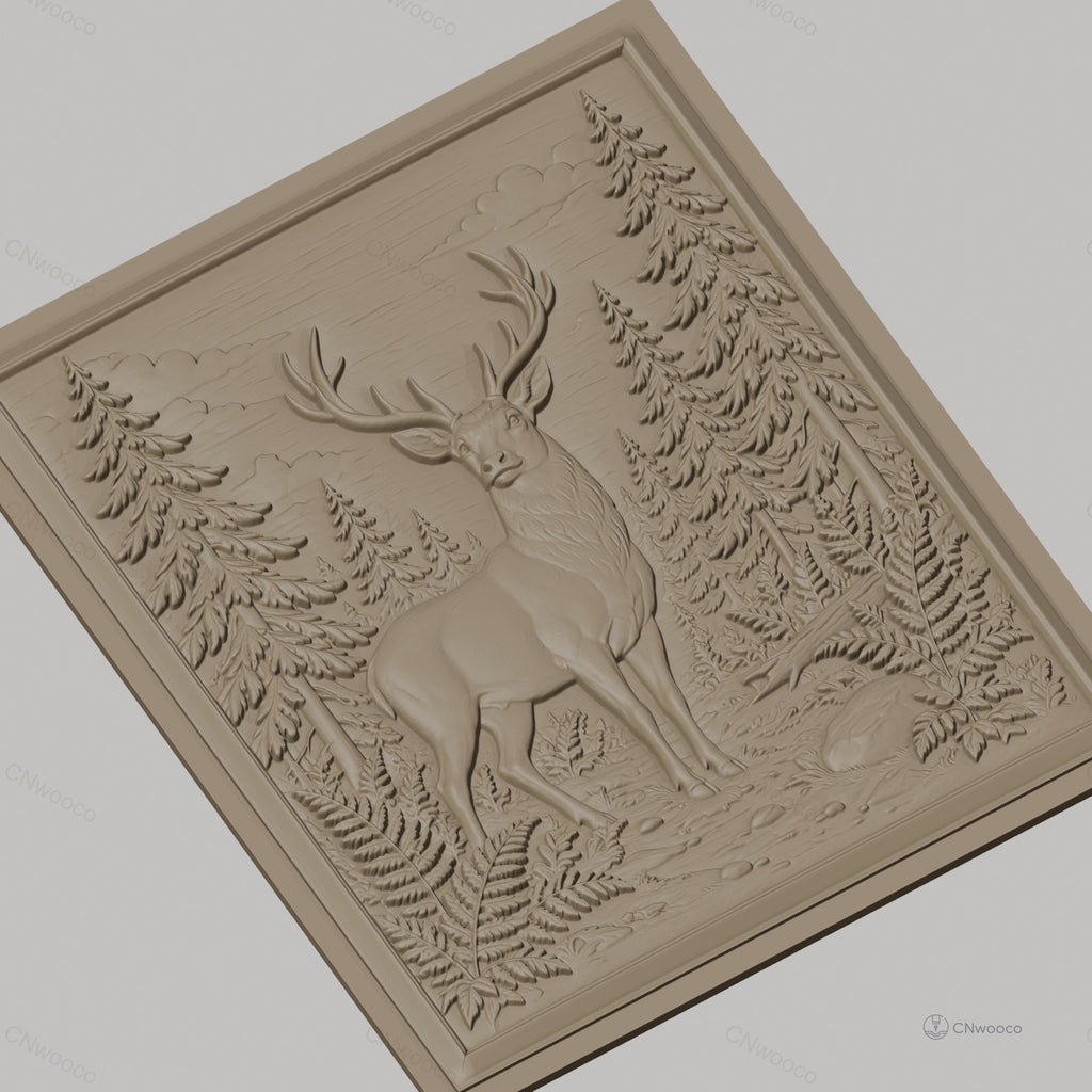 Fichier CNC & impression 3D cerf dans forêt avec fougères et rochers, haute qualité relief STL