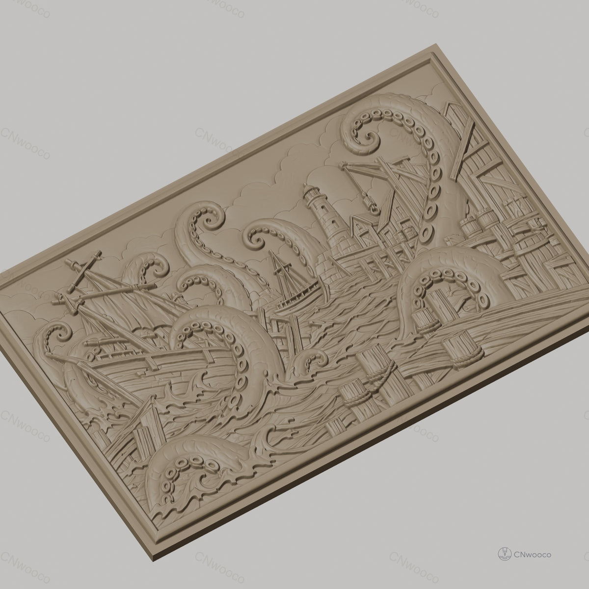 Fichier CNC & impression 3D monstre marin, bateau attaqué par poulpes géants et phare, haute qualité relief STL
