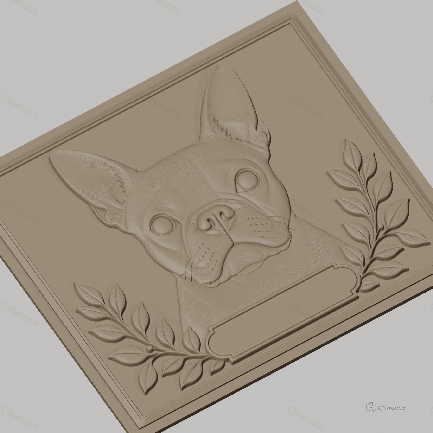 Fichier CNC & impression 3D Bouledogue français, portrait relief avec feuilles et cadre, haute qualité relief STL