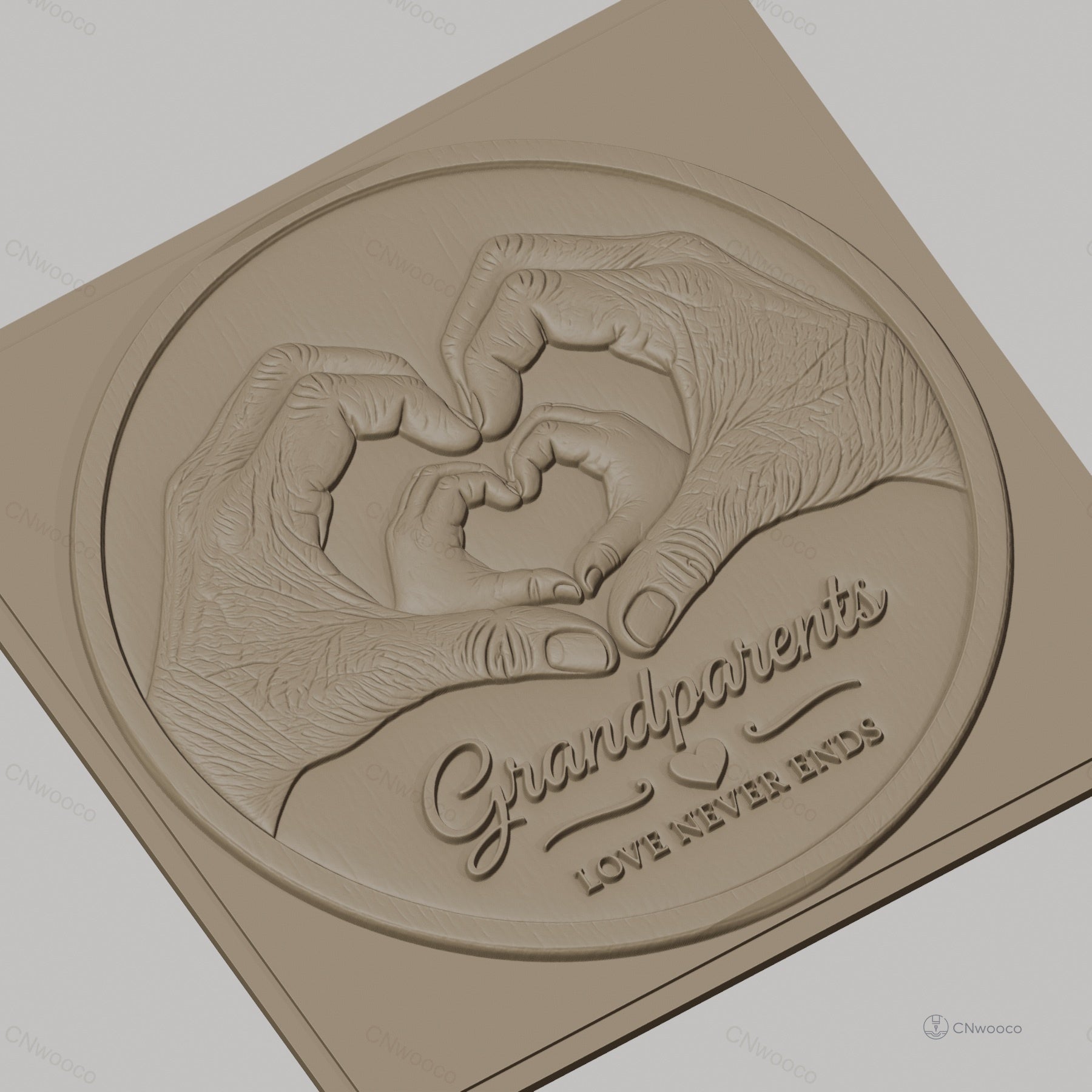 Fichier CNC & impression 3D Grandparents, mains formant coeur, texte love never ends, haute qualité relief STL
