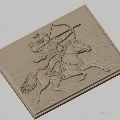 Fichier CNC & impression 3D cavalier archer à cheval tir à l'arc, paysage montagne relief, haute qualité relief STL