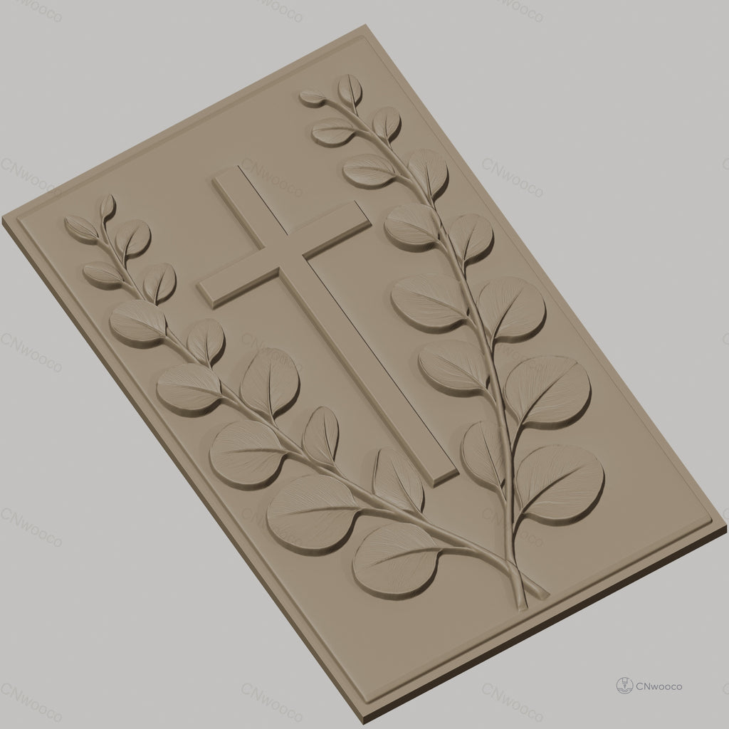 Fichier CNC & impression 3D Croix chrétienne et feuilles, haute qualité relief STL