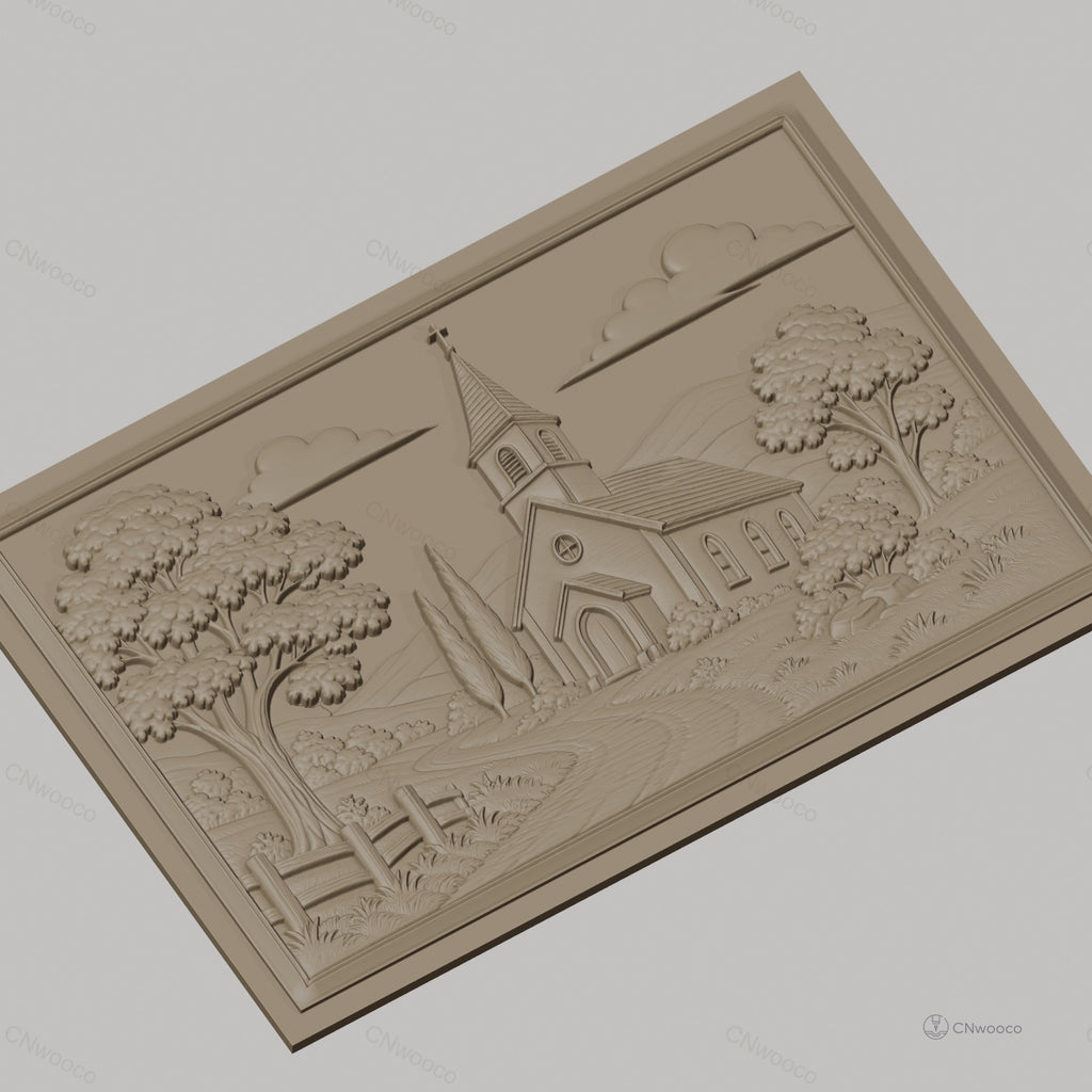 Fichier CNC & impression 3D paysage religieux avec église et arbres, haute qualité relief STL