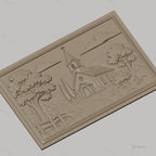 Fichier CNC & impression 3D paysage religieux avec église et arbres, haute qualité relief STL