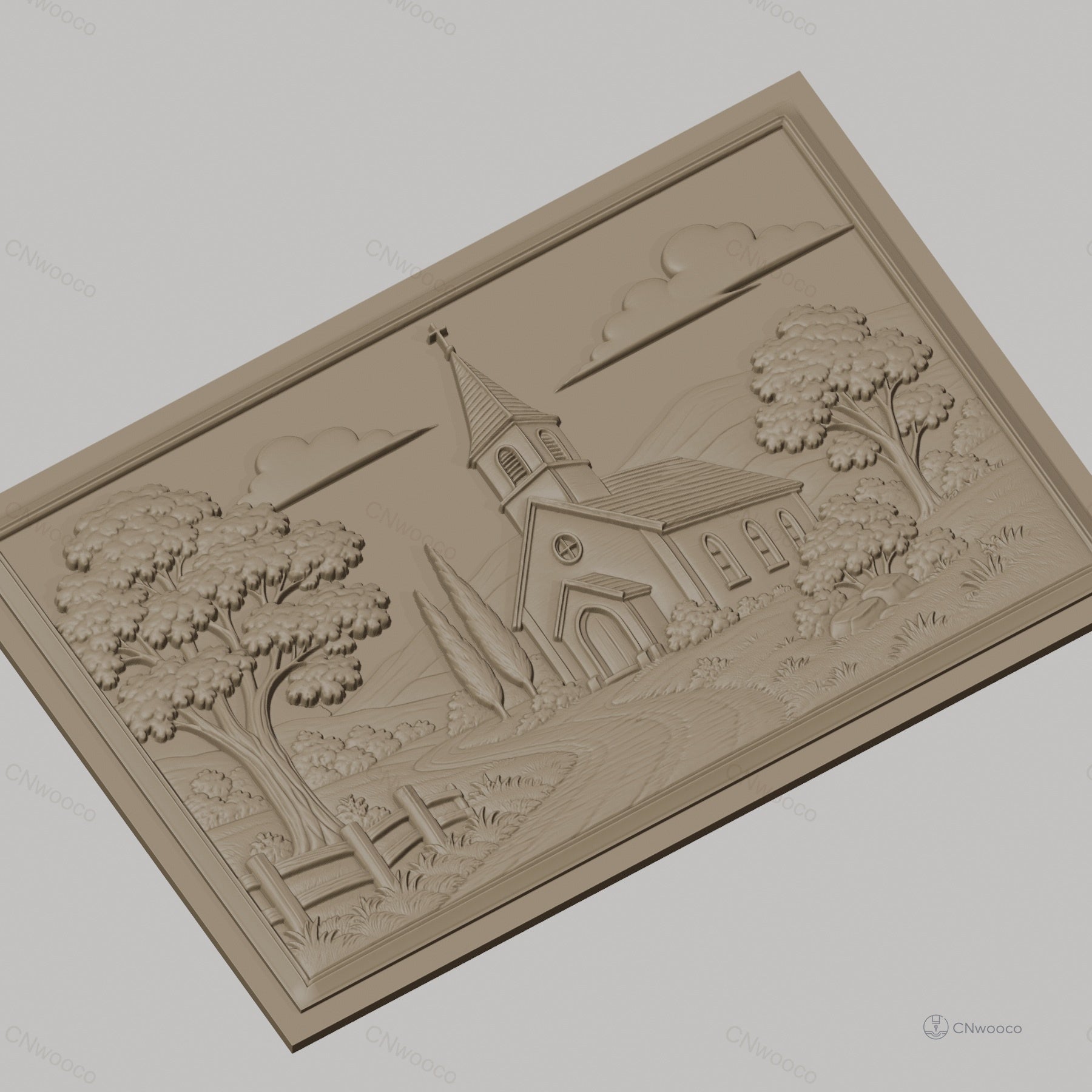 Fichier CNC & impression 3D paysage religieux avec église et arbres, haute qualité relief STL