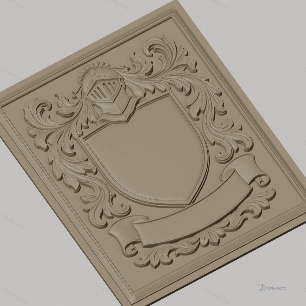 Fichier CNC & impression 3D blason médiéval, casque et ornements floraux, haute qualité relief STL