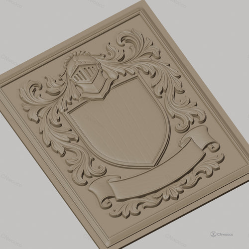 Fichier CNC & impression 3D blason médiéval, casque et ornements floraux, haute qualité relief STL