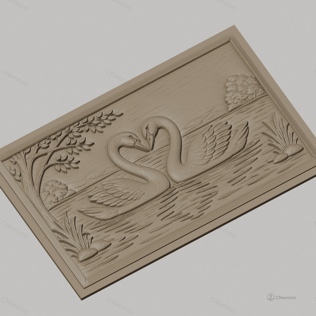 Fichier CNC & impression 3D cygnes amoureux, lac, arbres et reflets, haute qualité relief STL