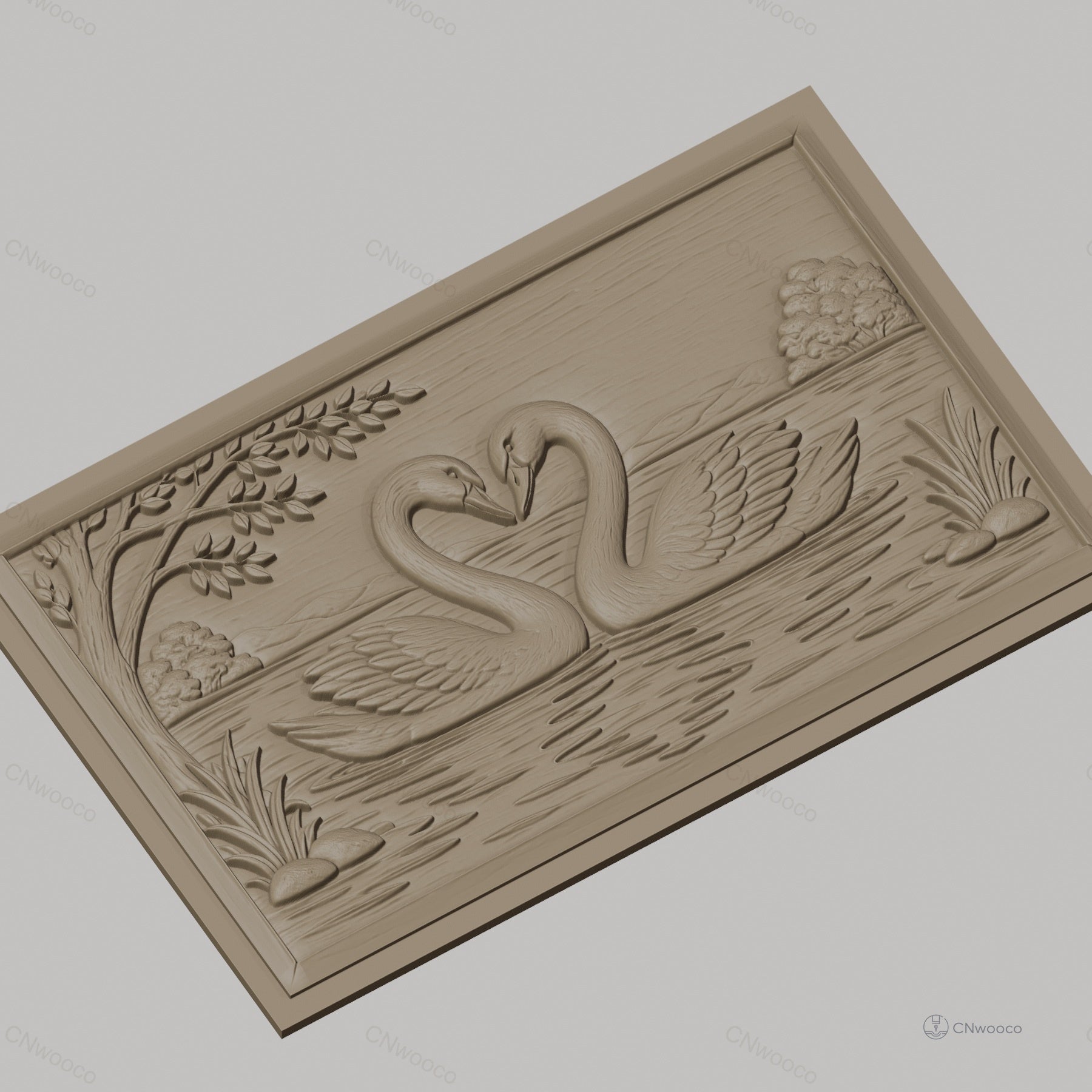 Fichier CNC & impression 3D cygnes amoureux, lac, arbres et reflets, haute qualité relief STL