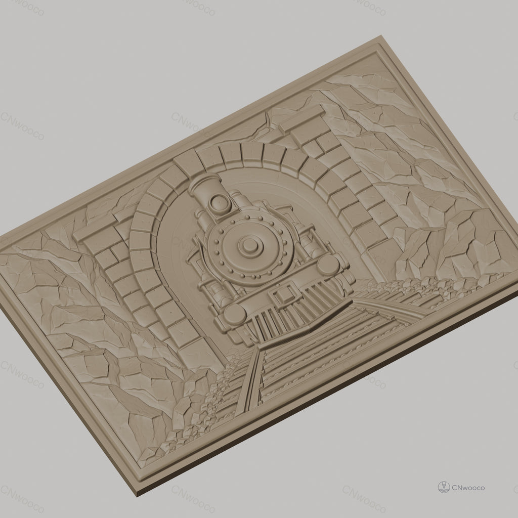 Fichier CNC & impression 3D train à vapeur sortie tunnel, rochers et voies ferrées, haute qualité relief STL