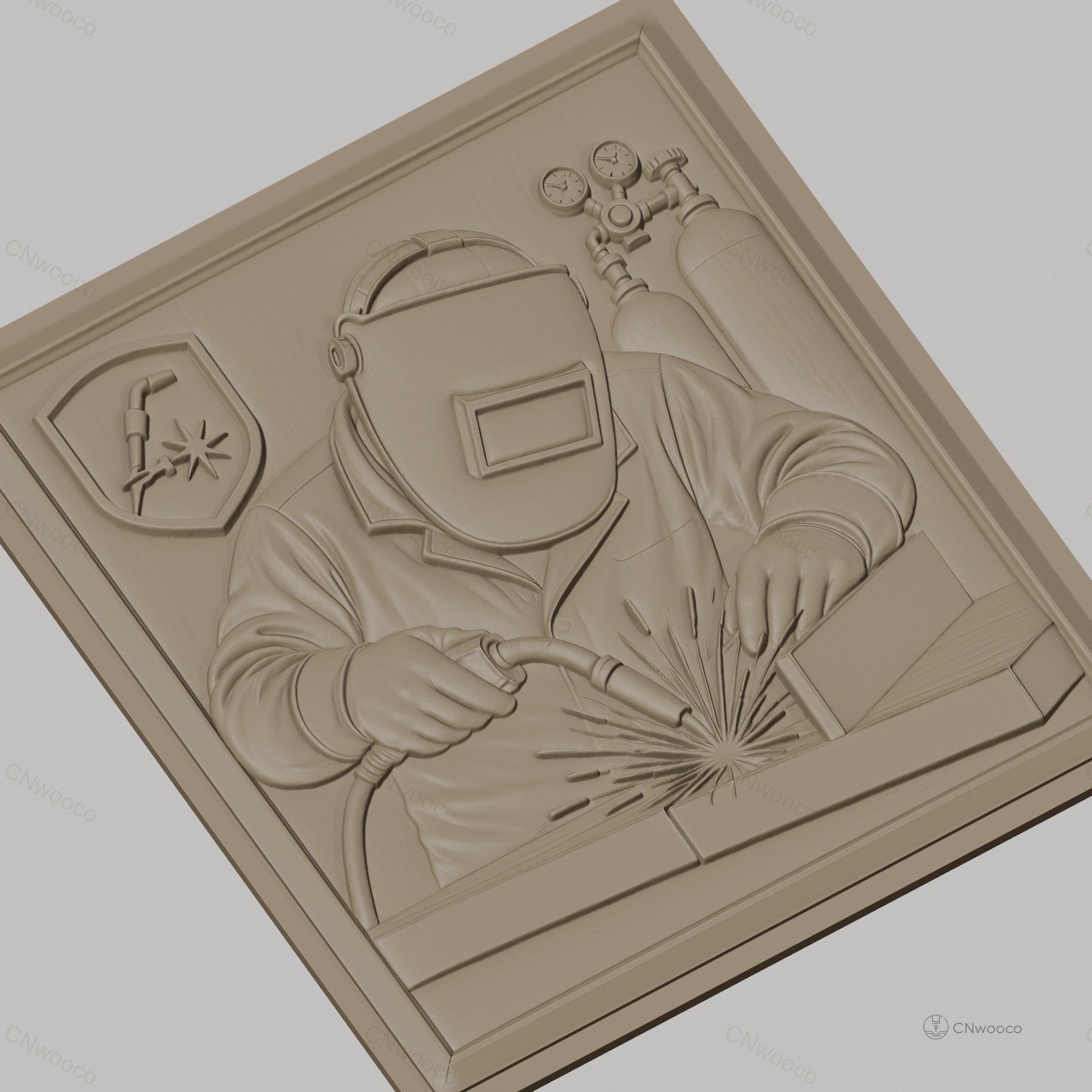 Fichier CNC & impression 3D Soudeur avec casque, poste à souder et étincelles, haute qualité relief STL