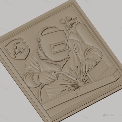 Fichier CNC & impression 3D Soudeur avec casque, poste à souder et étincelles, haute qualité relief STL