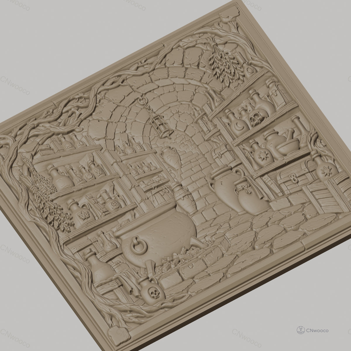 Fichier CNC & impression 3D laboratoire d'alchimie, chaudron, flacons, crâne, coffre, haute qualité relief STL