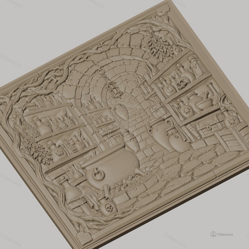 Fichier CNC & impression 3D laboratoire d'alchimie, chaudron, flacons, crâne, coffre, haute qualité relief STL