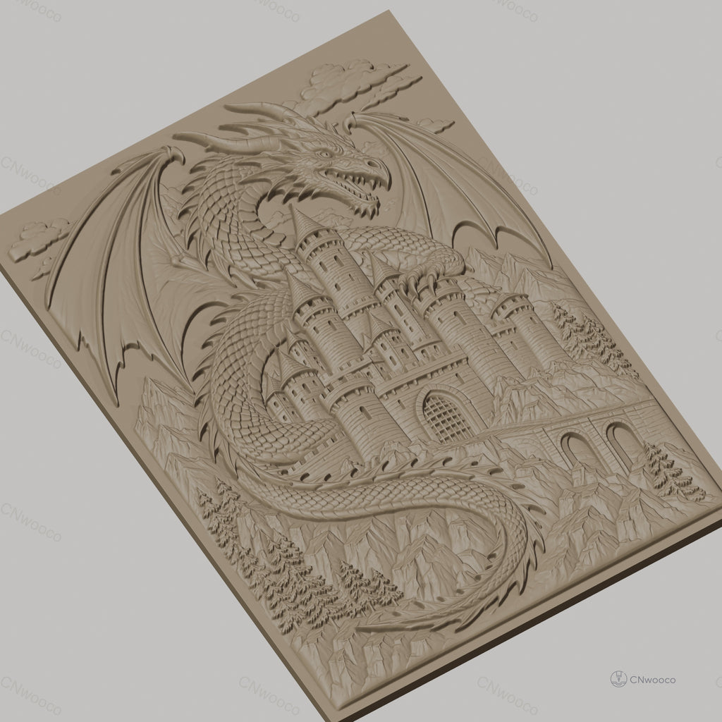 Fichier CNC & impression 3D dragon mythique, château médiéval et montagnes, haute qualité relief STL
