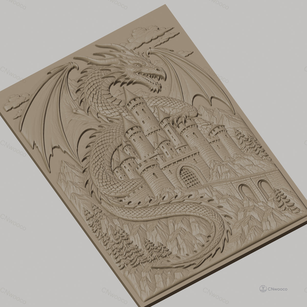Fichier CNC & impression 3D dragon mythique, château médiéval et montagnes, haute qualité relief STL