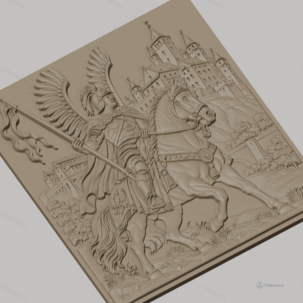 Fichier CNC & impression 3D Chevalier ailé à cheval avec château, drapeau et armure détaillée, haute qualité relief STL